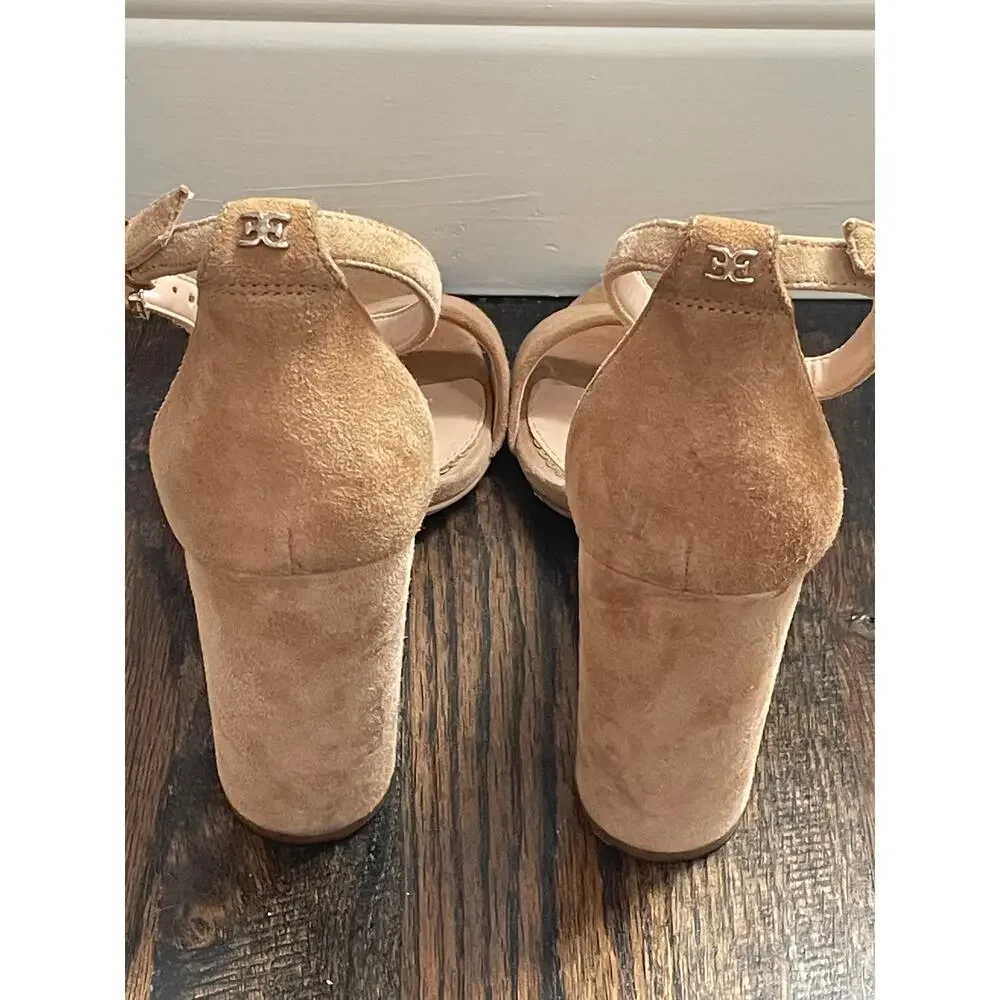 Sam Edelman Tan Suede Neutral Leather Block Heel Ankle Strap Sandals Size 7.5